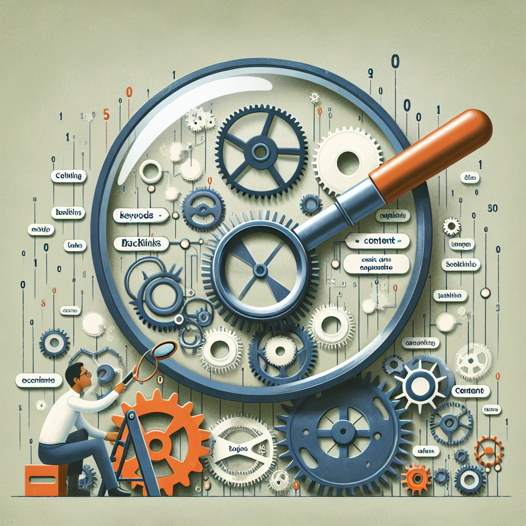 A conceptual illustration picturing the idea of Search Engine Optimization (SEO). Imagine a large magnifying glass scrutinizing the mechanism of a ...