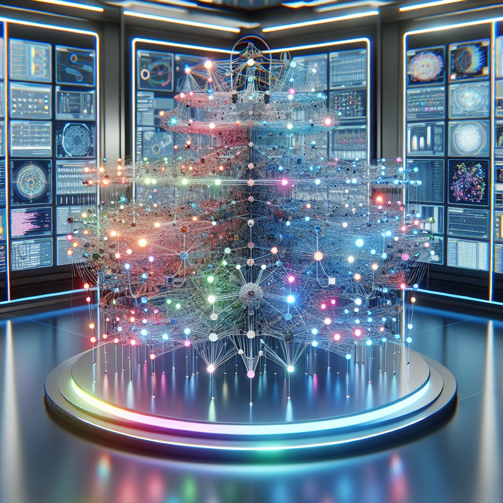 A large representation of a language model visualized in 3D. The structure has various layers intricately connected, highlighting the interdependen...